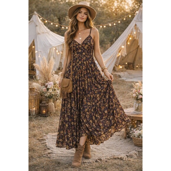 Jessica Simpson Dresses & Skirts - Jessica Simpson Floral Maxi Dress Boho Pleated Strappy Festival Size Large